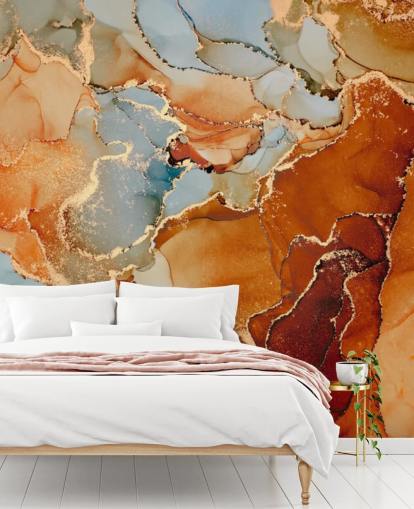 behang met oranje en grijs marmereffect genaamd Orange Watercolour voor slaapkamers, badkamers en woonkamers