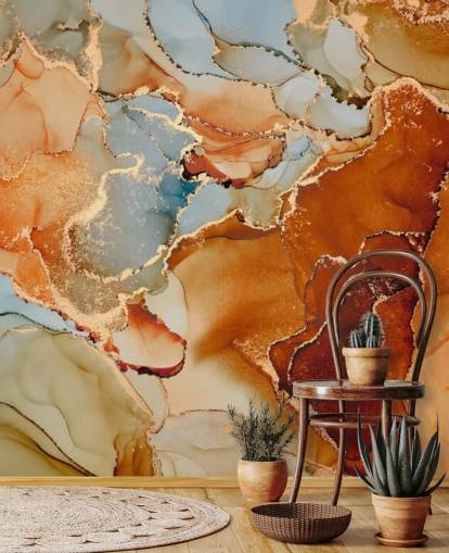 papel pintado con efecto mármol naranja y gris llamado Orange Watercolour para dormitorios, baños y salas de estar