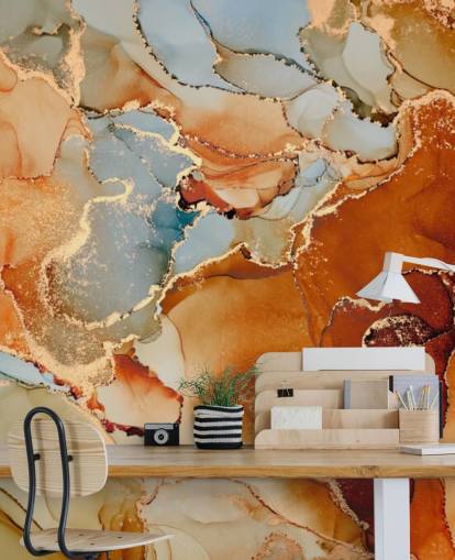 orange and gray marble effect wallpaper called Orange Watercolor for bedrooms, bathrooms and living rooms