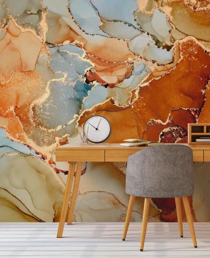orange and gray marble effect wallpaper called Orange Watercolor for bedrooms, bathrooms and living rooms