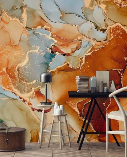 orange and gray marble effect wallpaper called Orange Watercolor for bedrooms, bathrooms and living rooms