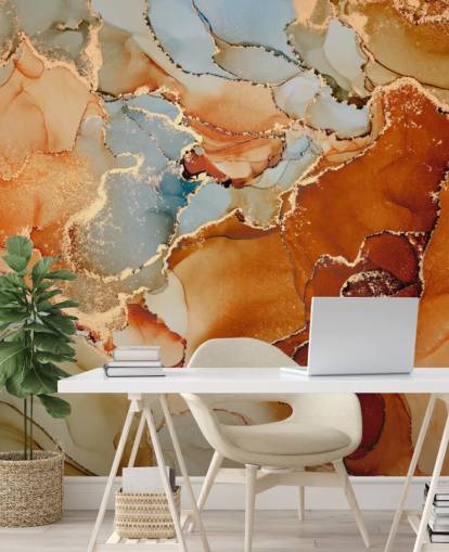 papel pintado con efecto mármol naranja y gris llamado Orange Watercolour para dormitorios, baños y salas de estar