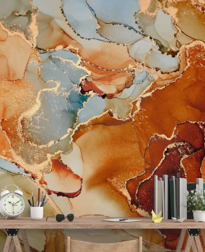 orange and gray marble effect wallpaper called Orange Watercolor for bedrooms, bathrooms and living rooms