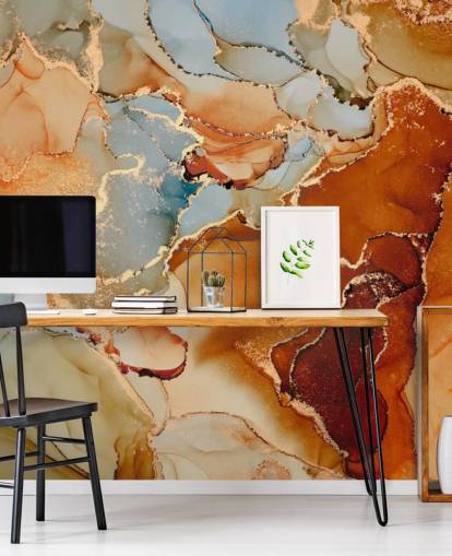 behang met oranje en grijs marmereffect genaamd Orange Watercolour voor slaapkamers, badkamers en woonkamers