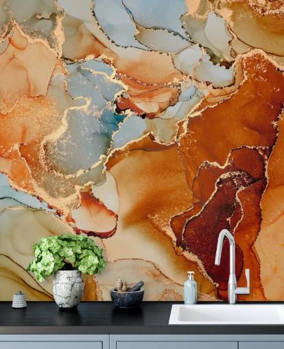 orange and gray marble effect wallpaper called Orange Watercolor for bedrooms, bathrooms and living rooms