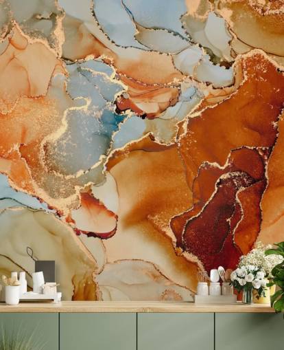 orange and gray marble effect wallpaper called Orange Watercolor for bedrooms, bathrooms and living rooms