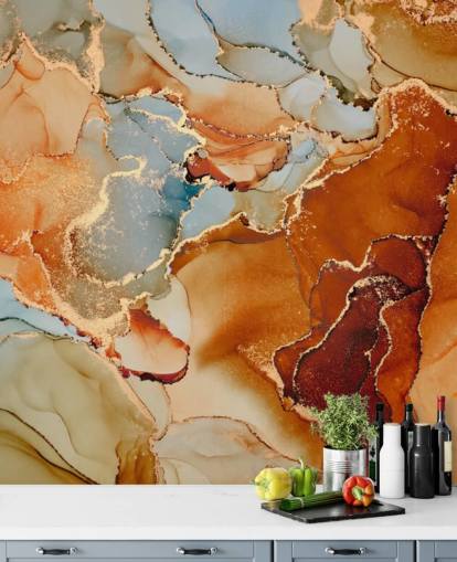 behang met oranje en grijs marmereffect genaamd Orange Watercolour voor slaapkamers, badkamers en woonkamers