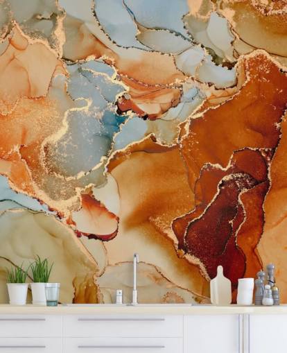orange and gray marble effect wallpaper called Orange Watercolor for bedrooms, bathrooms and living rooms