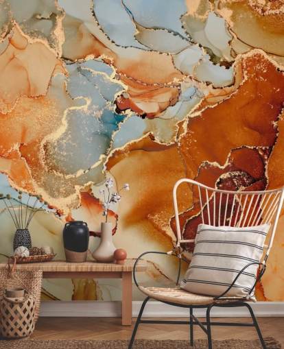 behang met oranje en grijs marmereffect genaamd Orange Watercolour voor slaapkamers, badkamers en woonkamers