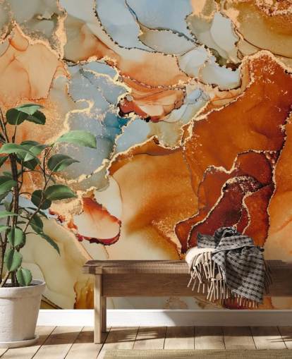 Orange und graue Tapete mit Marmoreffekt namens Orange Watercolour für Schlafzimmer, Badezimmer und Wohnzimmer