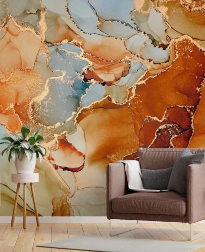 Orange und graue Tapete mit Marmoreffekt namens Orange Watercolour für Schlafzimmer, Badezimmer und Wohnzimmer