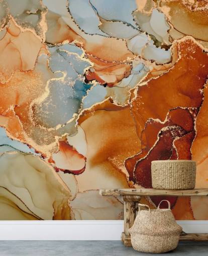 behang met oranje en grijs marmereffect genaamd Orange Watercolour voor slaapkamers, badkamers en woonkamers