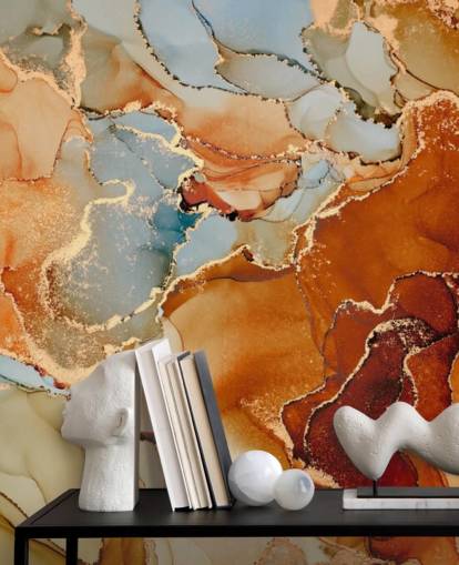 orange and gray marble effect wallpaper called Orange Watercolor for bedrooms, bathrooms and living rooms