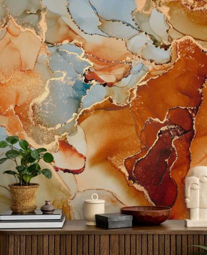 orange and grey marble effect wallpaper called Orange Watercolour for bedrooms, bathrooms and living rooms