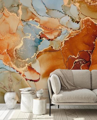 orange and gray marble effect wallpaper called Orange Watercolor for bedrooms, bathrooms and living rooms