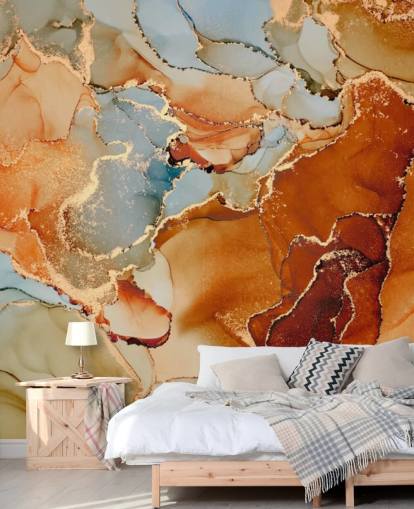 orange and grey marble effect wallpaper called Orange Watercolour for bedrooms, bathrooms and living rooms