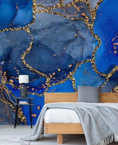 papel pintado efecto mármol azul y dorado