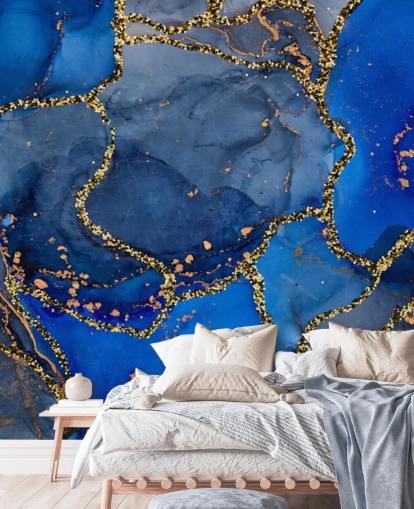 papel de parede de efeito mármore azul e dourado