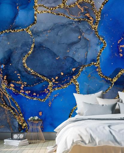 blauw en goud marmereffect behang