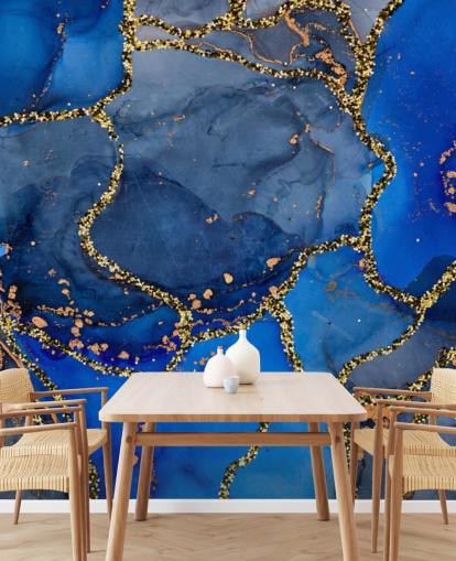 papel de parede de efeito mármore azul e dourado