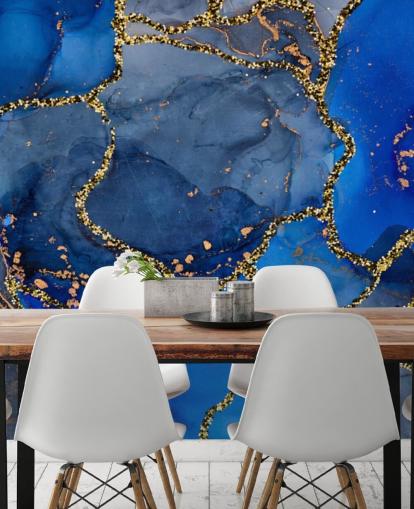 blauw en goud marmereffect behang