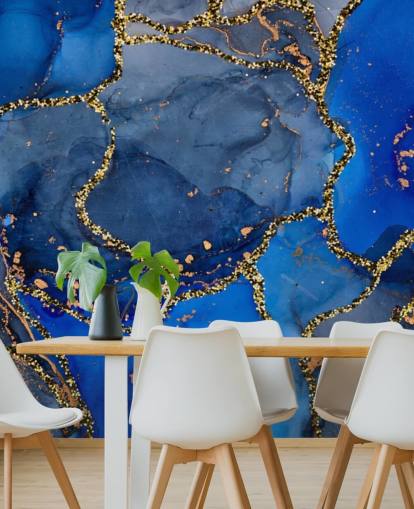 papel de parede de efeito mármore azul e dourado