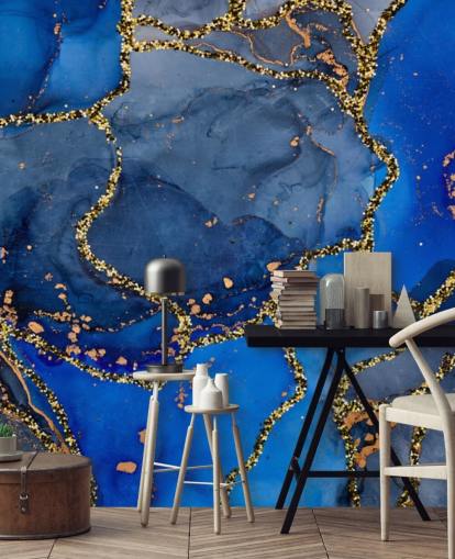 papel de parede de efeito mármore azul e dourado