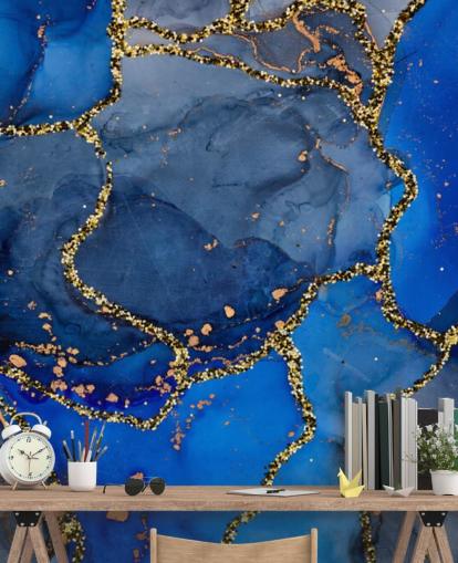 blue and gold marble effect wallpaper