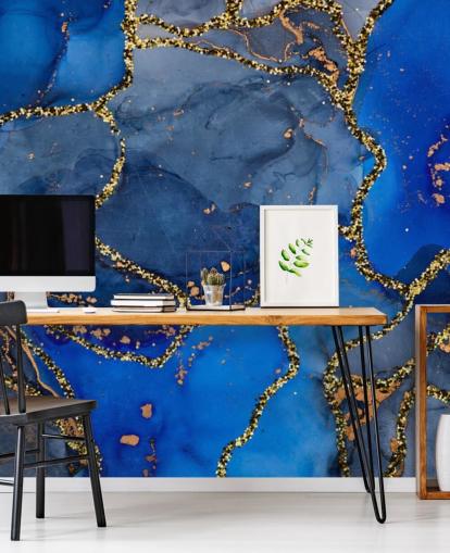 papel de parede de efeito mármore azul e dourado