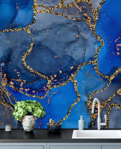 blue and gold marble effect wallpaper