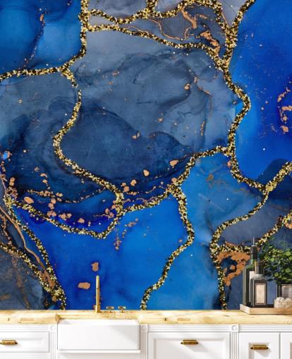 papel pintado efecto mármol azul y dorado