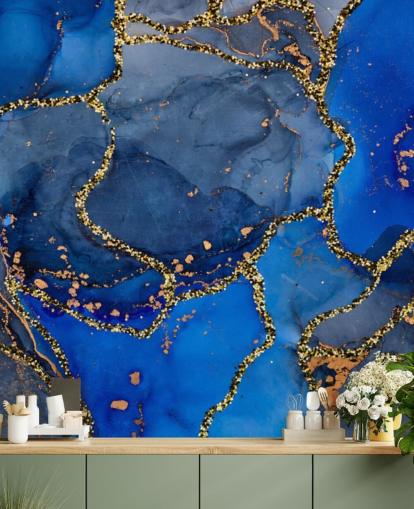 blauw en goud marmereffect behang
