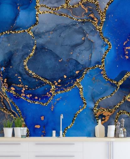 papel de parede de efeito mármore azul e dourado
