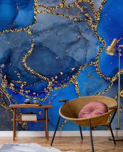 papel pintado efecto mármol azul y dorado