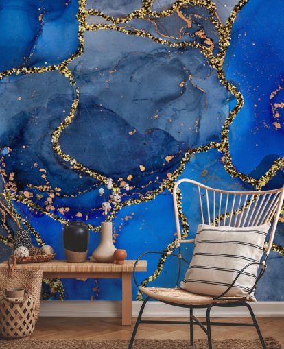 papel pintado efecto mármol azul y dorado
