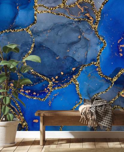 carta da parati effetto marmo blu e oro
