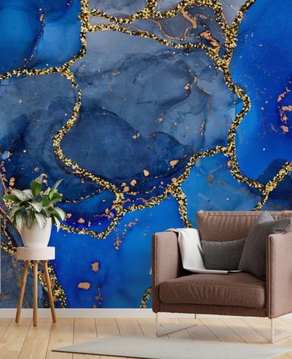 papel pintado efecto mármol azul y dorado
