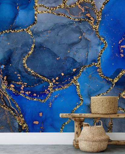 blauw en goud marmereffect behang
