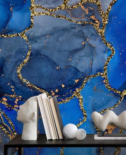 blauw en goud marmereffect behang