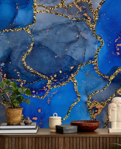 papel pintado efecto mármol azul y dorado
