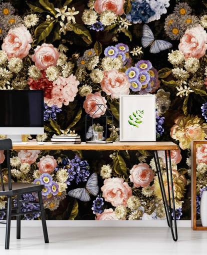 dark florals in purple and pink wallpaper