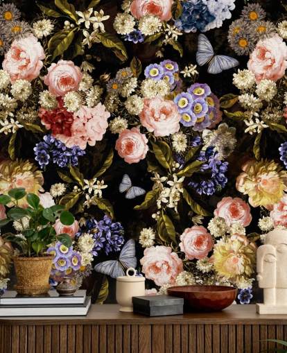 dark florals in purple and pink wallpaper