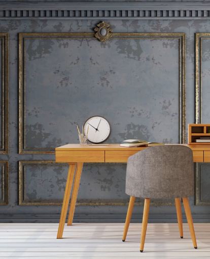 papel pintado con efecto panel gris oscuro y dorado