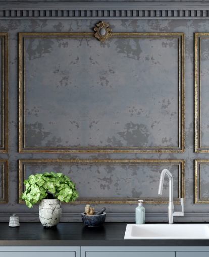 dark gray and gold panel effect wallpaper