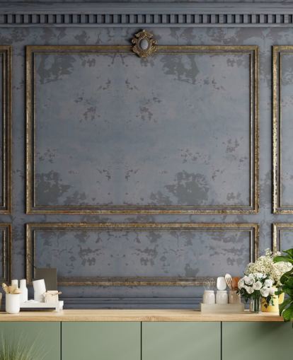 papel pintado con efecto panel gris oscuro y dorado