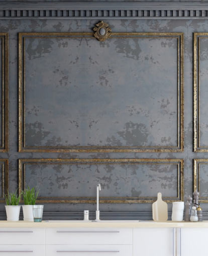 papel de parede com efeito de painel cinza escuro e dourado