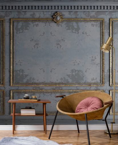 papel pintado con efecto panel gris oscuro y dorado