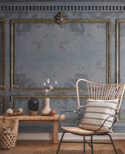 papel pintado con efecto panel gris oscuro y dorado