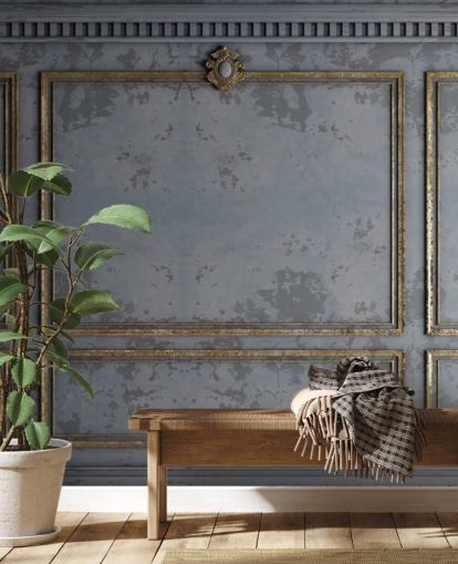 papel pintado con efecto panel gris oscuro y dorado