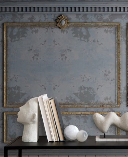 papel de parede com efeito de painel cinza escuro e dourado